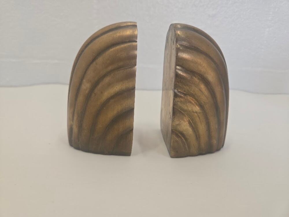 Vintage Brass Shell Bookends Pair Heavy 3.9 lb MCM Hollywood Regency India